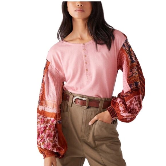 FREE PEOPLE Light Magic Printed Sleeve Henley Top In Pink In Vintage Combo - Picture 1 of 13